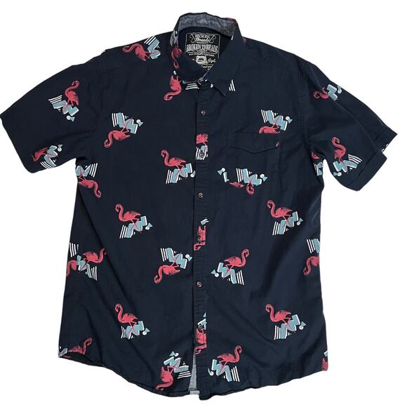 Flamingo Print XL Broken Threads Men’s Short Sleeve Button-Up Shirt Navy Blue - Picture 8 of 11